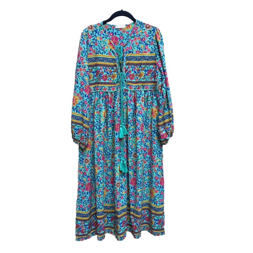 Vivimos Dress Womens L Floral Boho Prairie Midi Tassel Tie Cottagecore 12 14